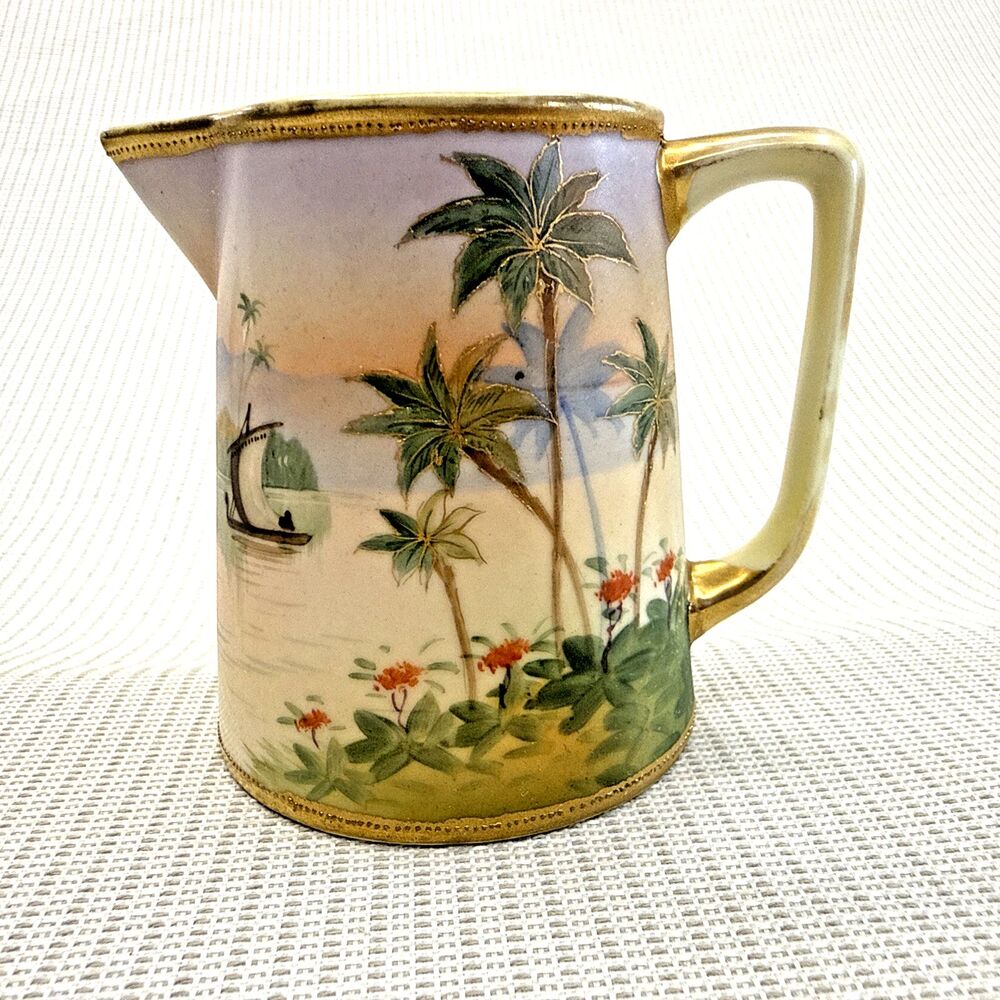 Vintage Nippon Hand Painted Small Creamer Pitcher Gilded Tropical Palm